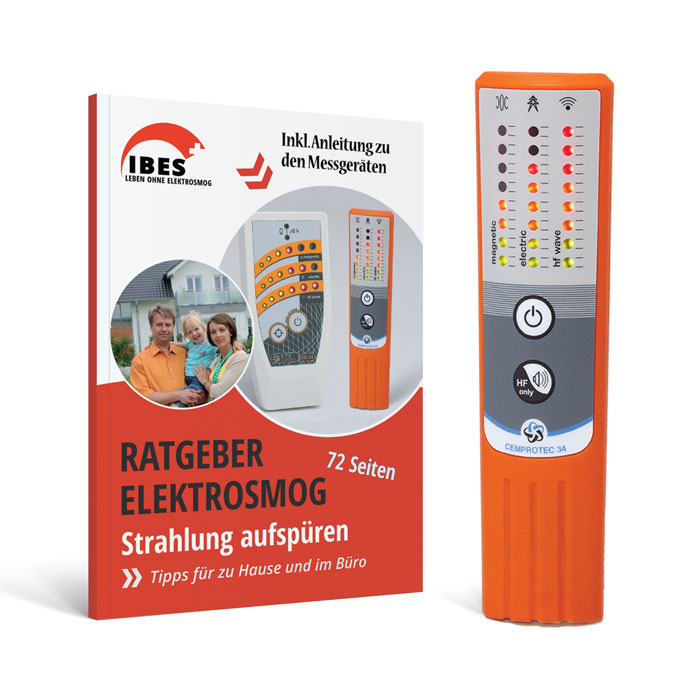 Das Elektrosmog-Messgerät Cemprotec34 steht neben dem IBES-Ratgeber